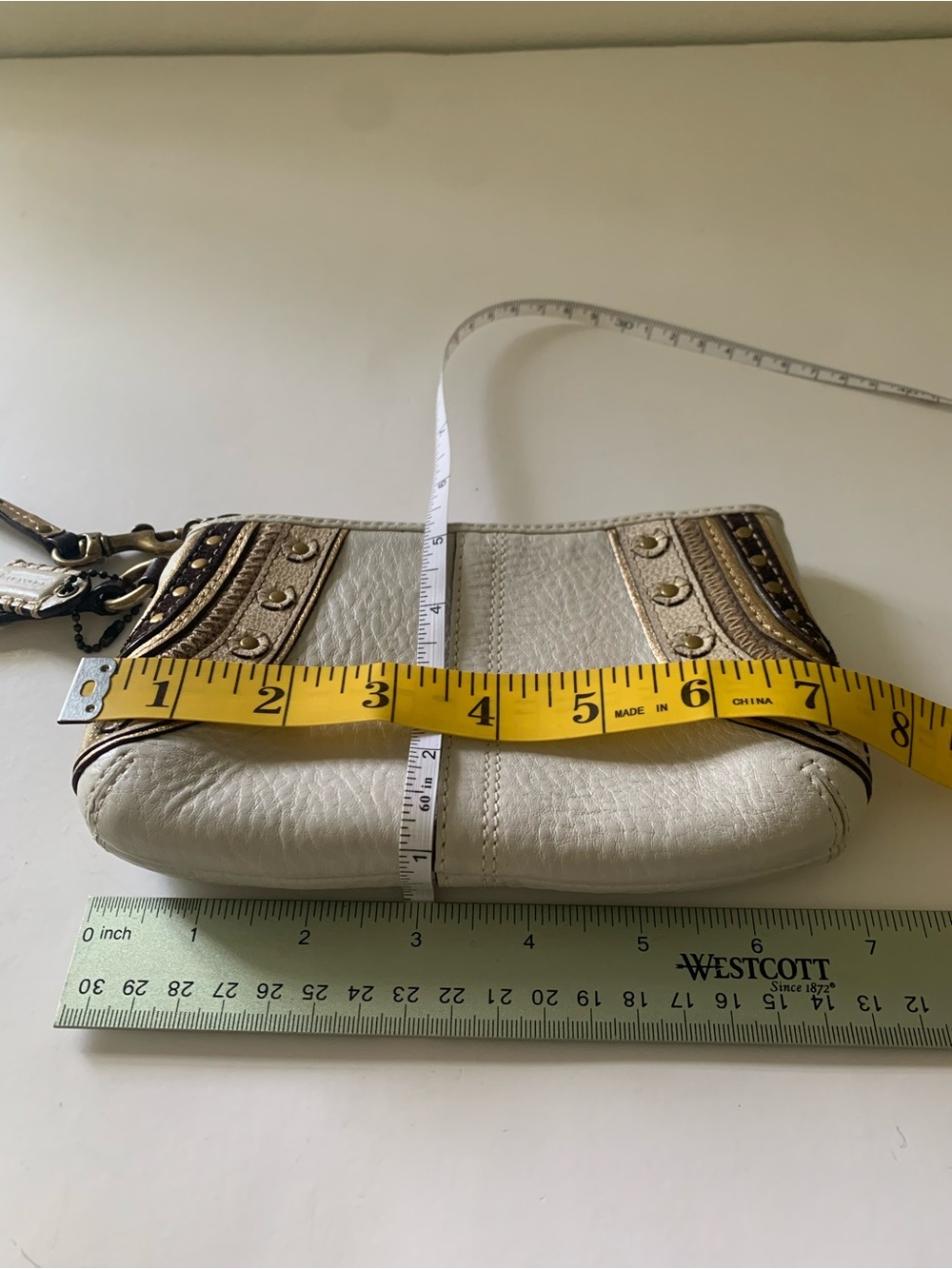 Coach Soho Embroidered Stitch Studded Wristlet, Pebbled White Leather, Gold Stud - Picture 8 of 14